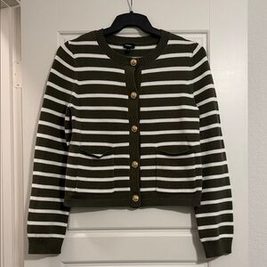 Express Olive Green and White Striped Crewneck Cardigan